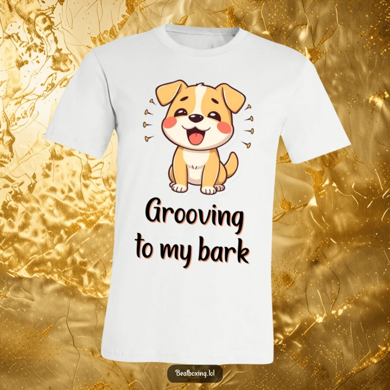 Funny happy dog t-shirt featuring a dog barking rhythmically with sound waves, a joyful and humorous apparel gift.