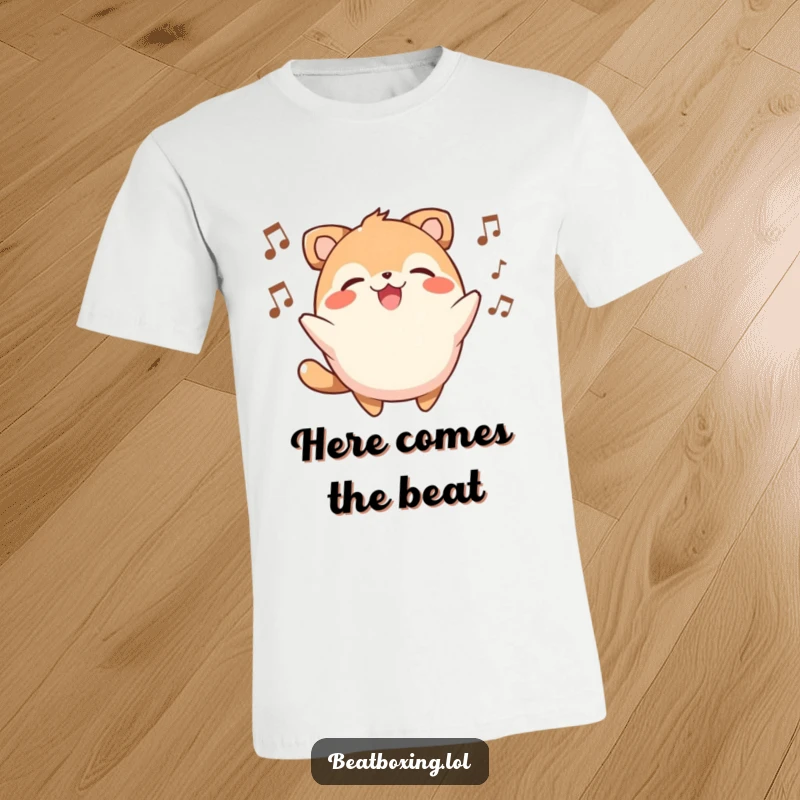 Funny t-shirt showcasing a round, smiling animal character happily beatboxing and creating vocal rhythm.