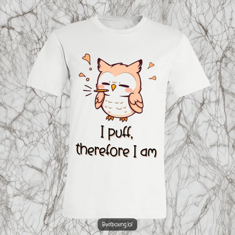 Funny Owl T-Shirt: A small owl character blowing air out vigorously to make a 'p' sound, looking cheerful and playful.