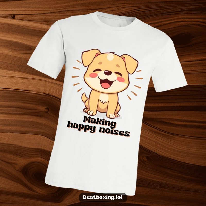 Funny Dog Barker T-Shirt: A happy dog is depicted rhythmically barking, with sound waves radiating outwards.