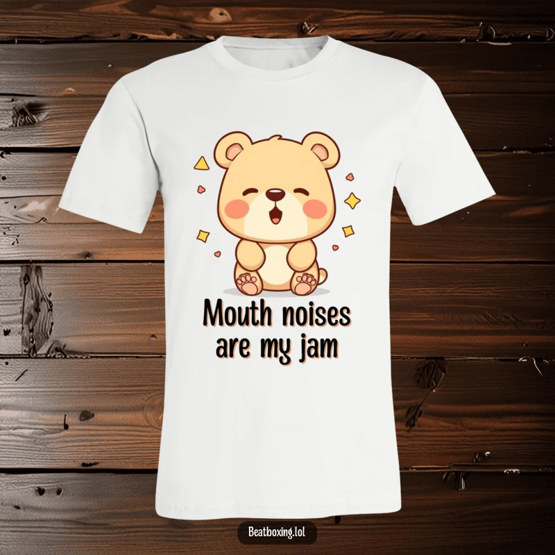 Funny bear t-shirt featuring a curious bear experimenting with various mouth shapes and sounds, a hilarious apparel gift.