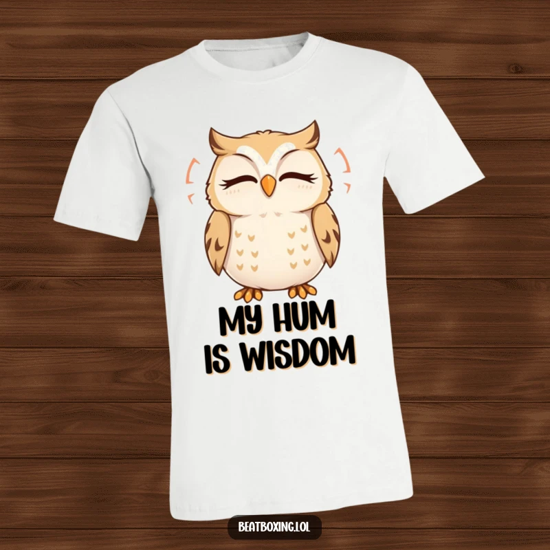 Funny Owl T-Shirt: A delighted owl with closed eyes humming, generating visible sound ripples, perfect for spreading good vibes.