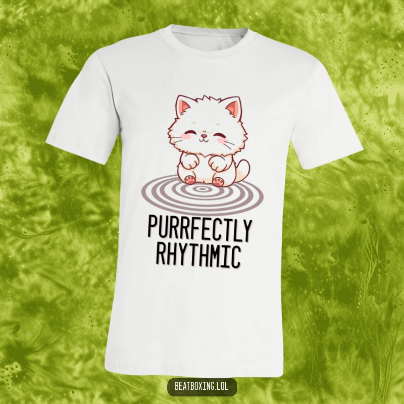 Funny t-shirt featuring a fluffy cat creating rhythmic patterns with its paws on a surface, showcasing cute and funny artistic talent.