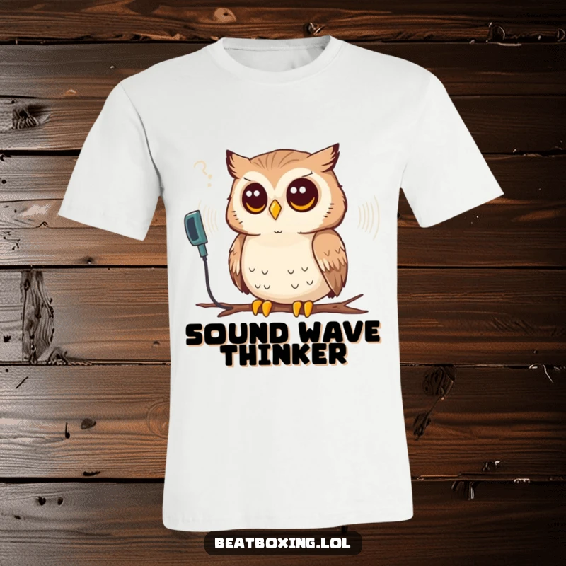 Funny t-shirt showing a thoughtful owl with its head tilted, listening intently to a colorful synthesized sound wave.
