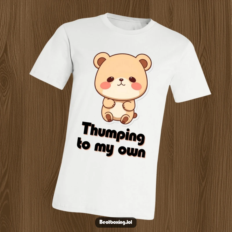 Funny t-shirt showcasing a cute bear's head bobbing enthusiastically to music, with slightly puffed cheeks, radiating joy.