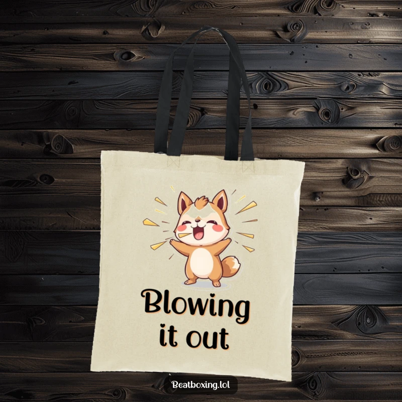 Funny tote bag with an animal character blowing air outwards rhythmically, symbolizing energy and movement.