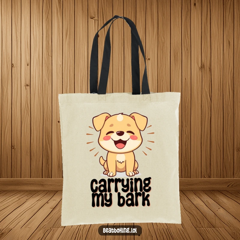 Funny Dog Barker Tote Bag: A practical tote showcasing a happy dog barking rhythmically with sound waves radiating outward.