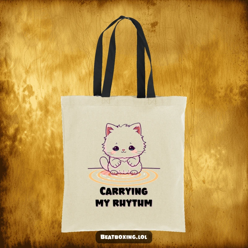 Funny Cat Drummer Tote Bag: A practical tote showcasing a fluffy cat creating rhythmic patterns with its paws.
