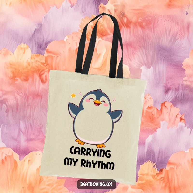 Funny penguin tote bag featuring a joyous character vibrating with internal rhythm and hip movements, a stylish and humorous carry-all.