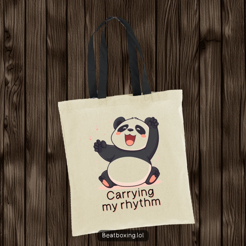 Funny Panda Tote Bag: A happy panda joyfully performs belly-slapping percussion, showcasing its humorous and playful nature in style.