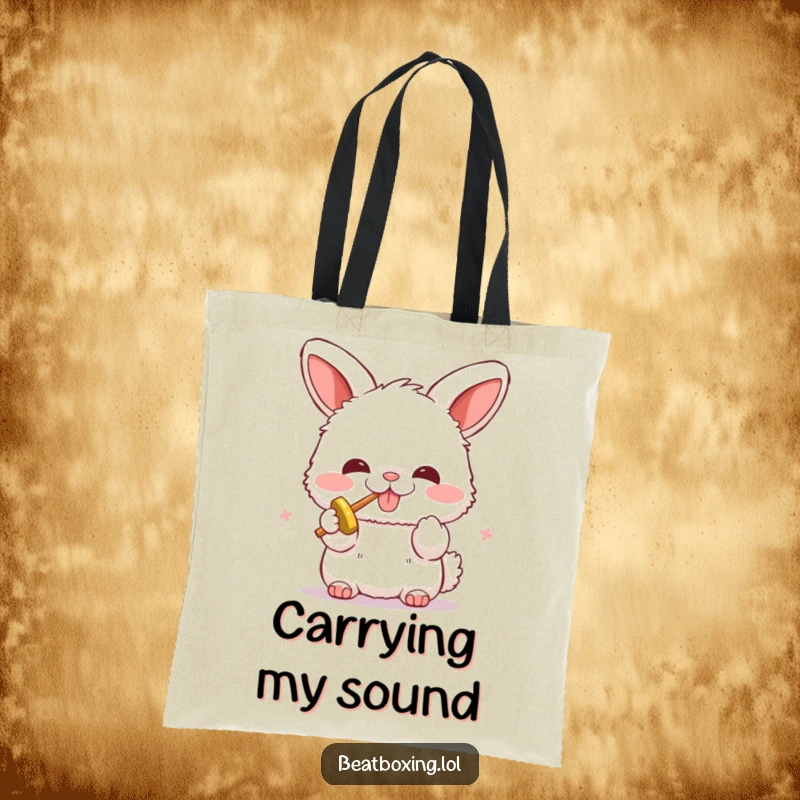 Funny tote bag with a fluffy bunny character enthusiastically beatboxing. Practical and humorous for everyday use.