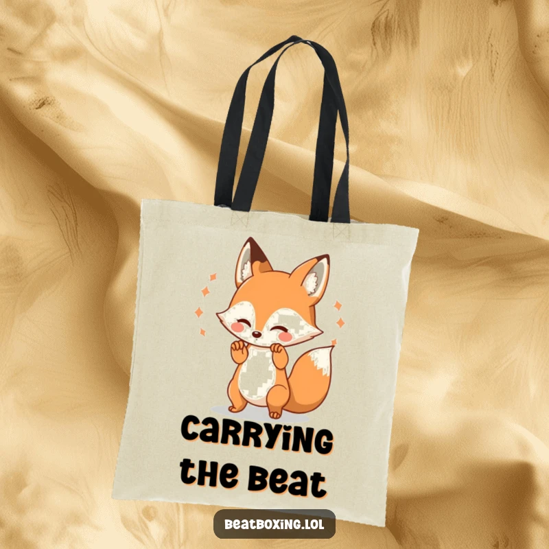 Funny Fox Tote Bag: A lively fox character rhythmically beating its paws, creating striking visual pulses, perfect for music lovers.
