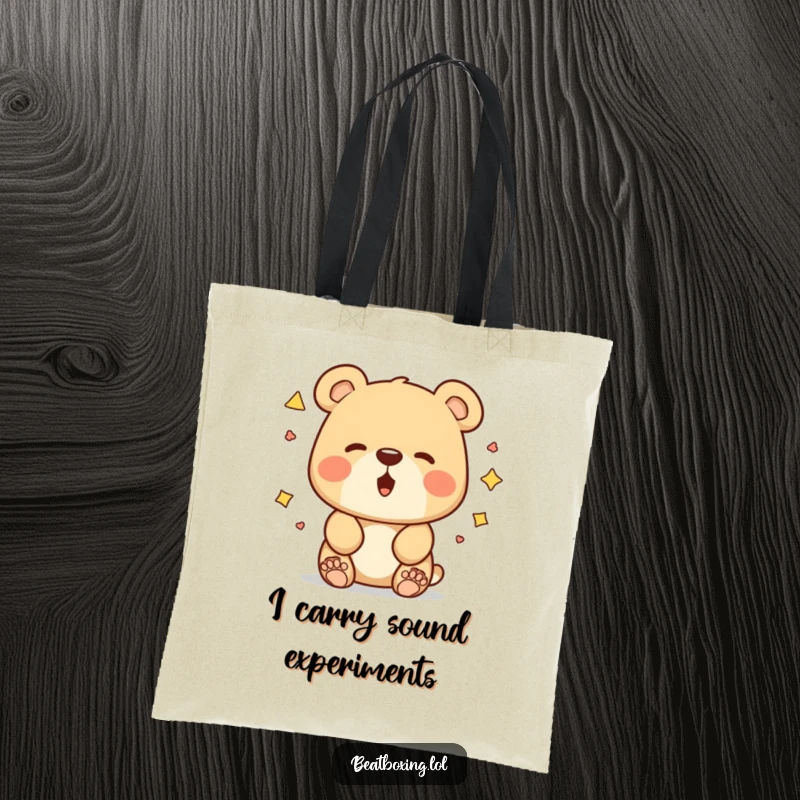 Funny bear tote bag depicting a curious bear creating funny sounds with its mouth, a practical and humorous gift.