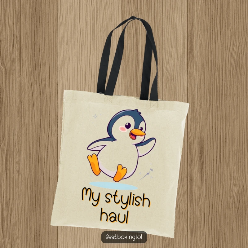 Funny Cool Penguin Tote Bag showcasing a stylish penguin sliding and spinning with flair, great for shopping and carrying essentials with chic humor.
