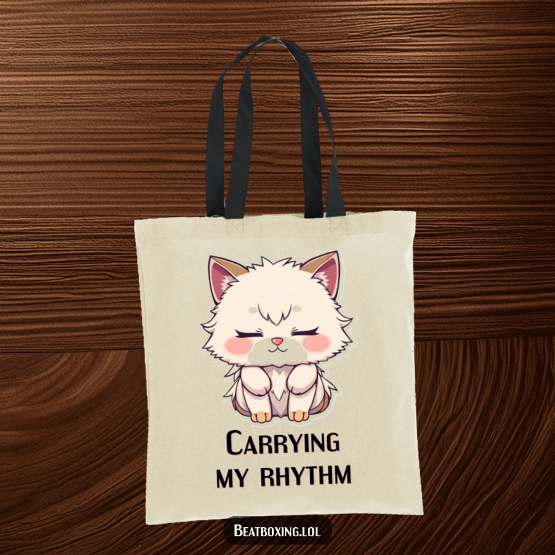 Funny tote bag with a furry character, closed eyes, deeply focused on creating a complex rhythm, perfect for music lovers.