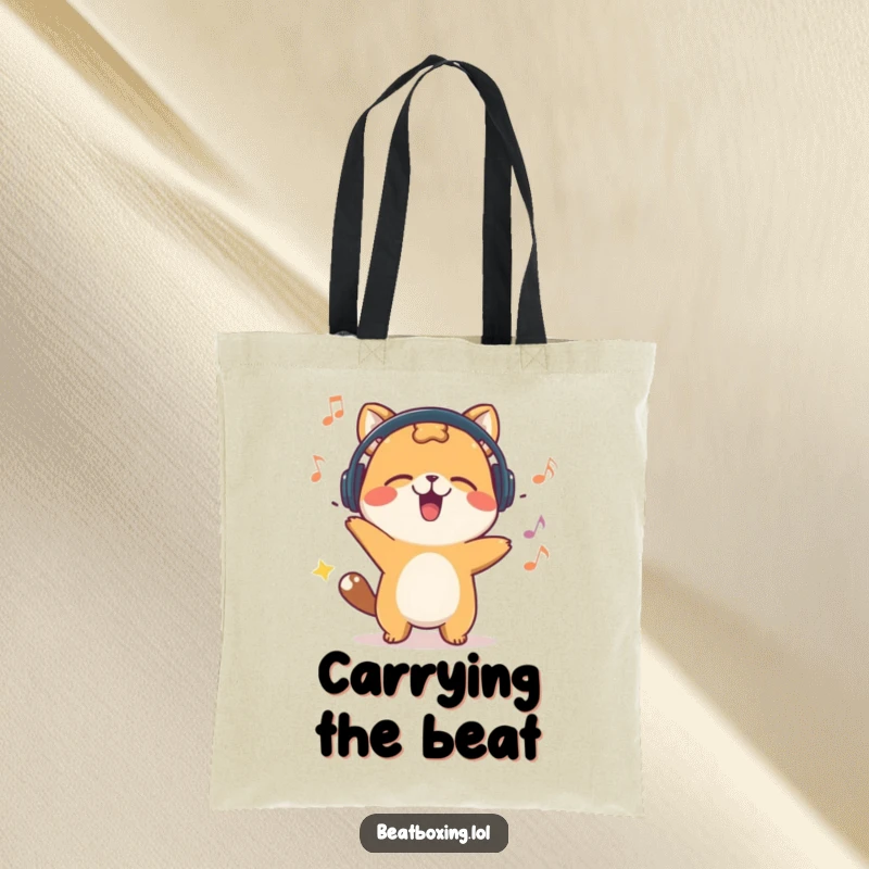 Funny tote bag with a happy animal character energetically bobbing its head to an unheard beat, perfect for music lovers.