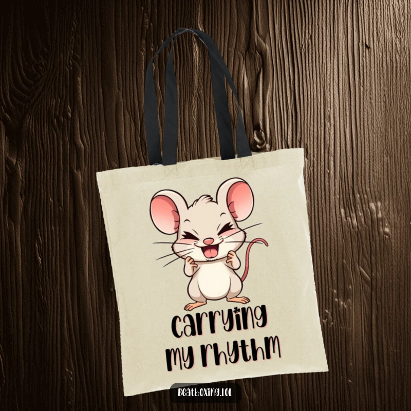 Funny Mouse Beatboxer Tote Bag: Mischievous mouse clicking teeth to create beats, ideal for carrying music accessories.