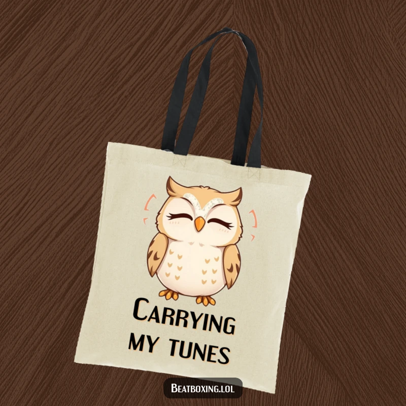 Funny Owl Tote Bag: A delighted owl humming with closed eyes, creating visible sound ripples, perfect for carrying peace.