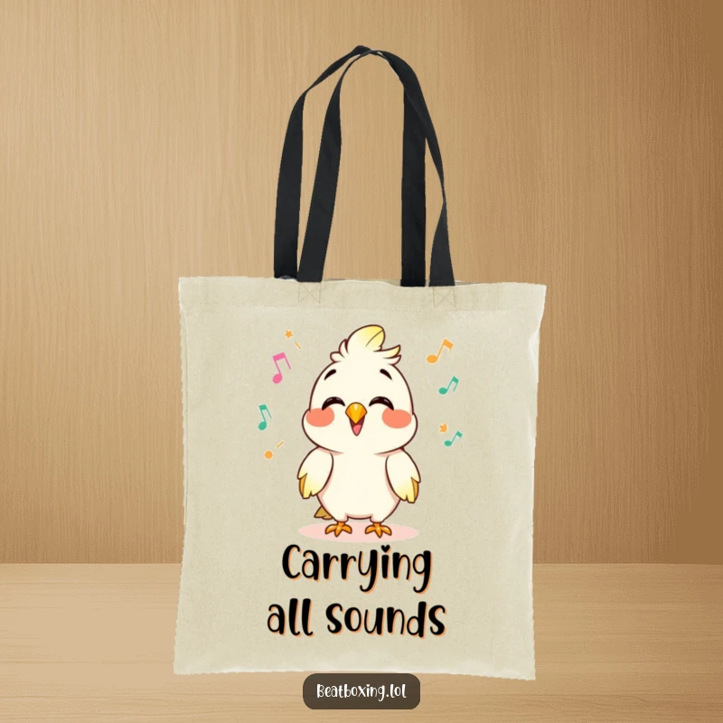 Funny tote bag with a giggling parrot character mimicking sounds, delivering rapid clicks and pops with a cheerful expression.