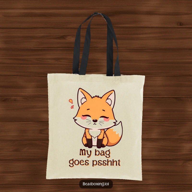 Funny Psshht Fox Tote Bag showcasing a fox blowing air with a psshht sound, great for shopping and adding humor to daily tasks.