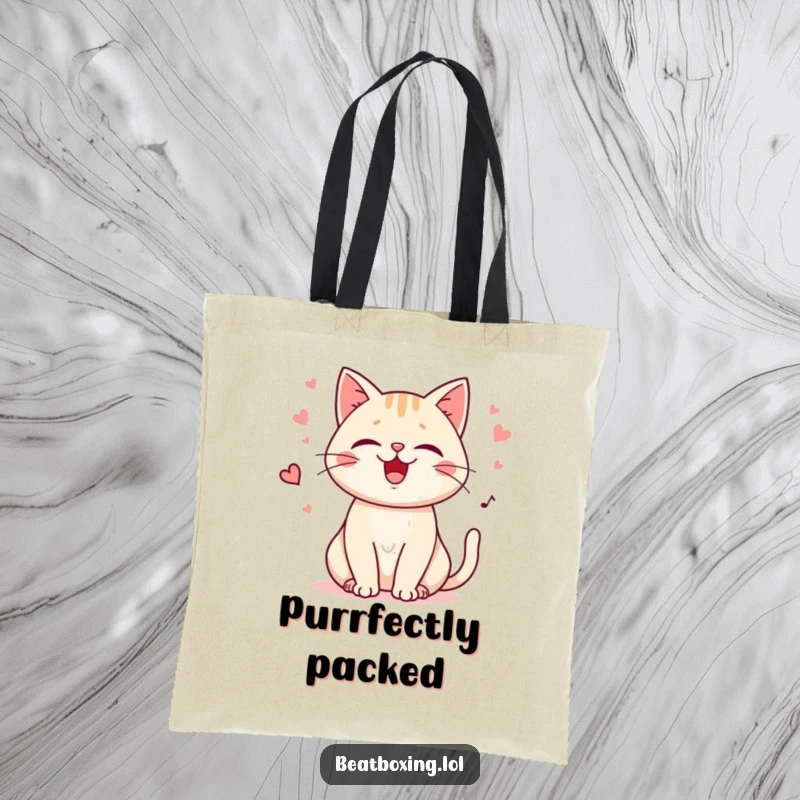 Funny Purring Cat Tote Bag showcasing a happy cat purring with playful meows, great for shopping and carrying essentials with feline charm.