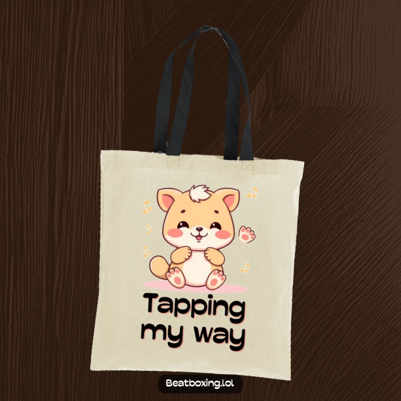 Funny tote bag with a cute animal character enthusiastically tapping its paws in a rhythmic pattern, perfect for music lovers.