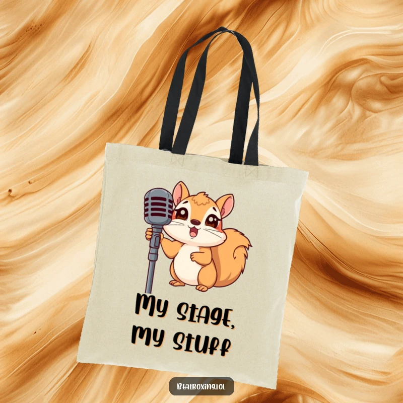 Funny tote bag with a surprised squirrel peeking from behind a microphone stand, a humorous and practical gift.