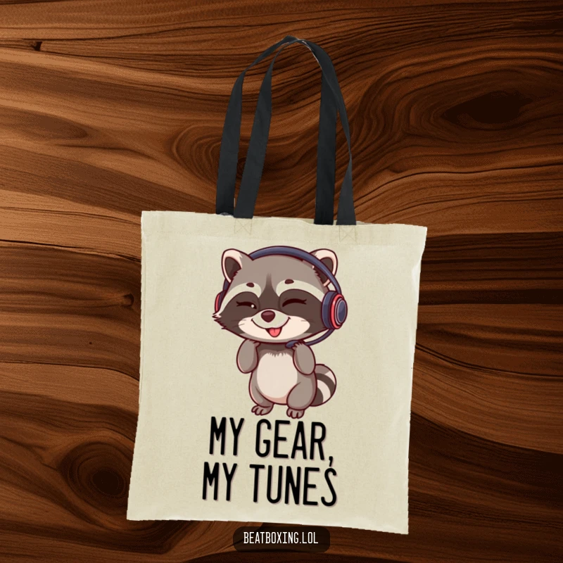 Funny tote bag with a winking raccoon adjusting a headset and a rhythmic grin, a humorous and practical gift.