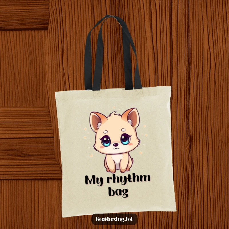 Funny Tiny Animal Tote Bag: A small animal character with vivid eyes, radiating musical beats, ideal for carrying everyday items.