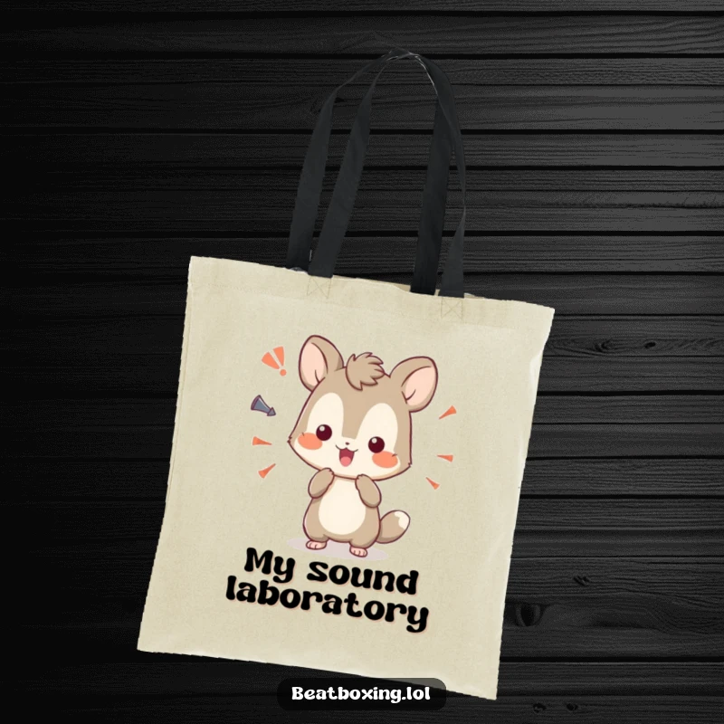 Funny tote bag featuring a curious animal character playfully experimenting with diverse sound effects.