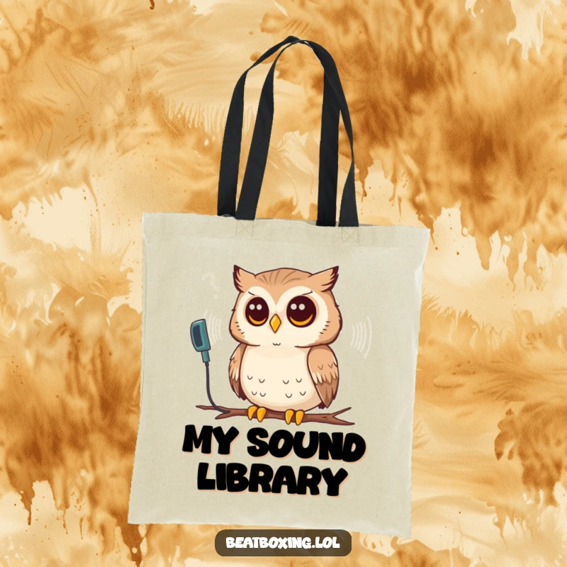 Funny tote bag featuring a thoughtful owl listening intently to a synthesized sound wave, perfect for music and nature lovers.