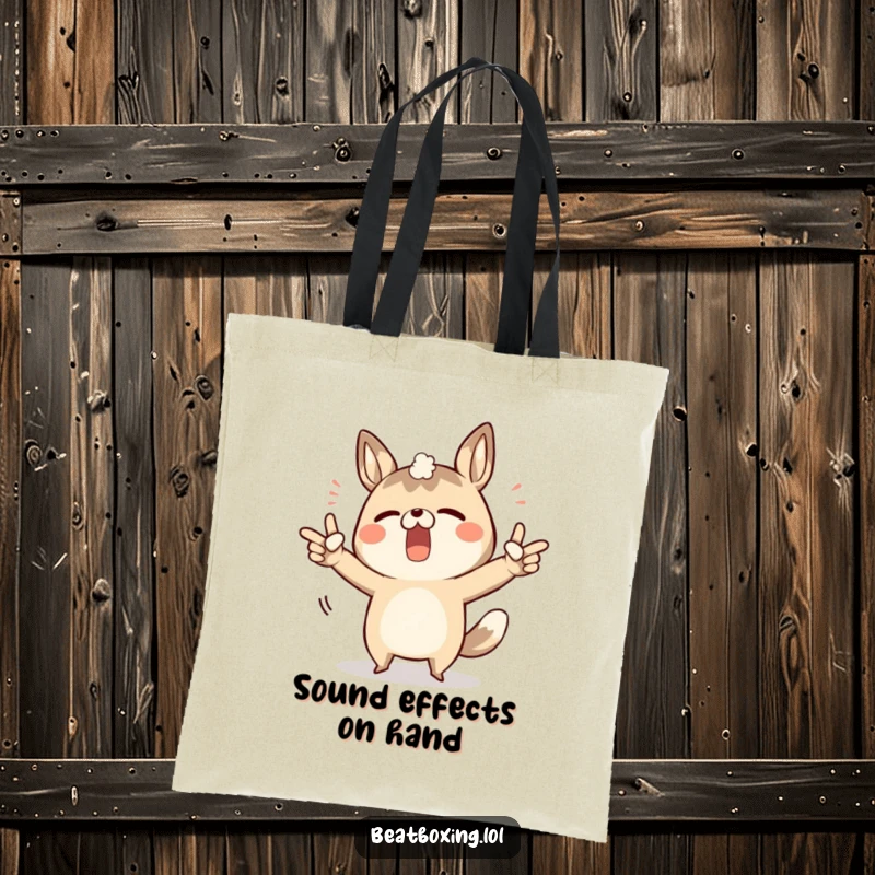 Funny tote bag featuring a determined animal character pointing to its body to make various sounds.